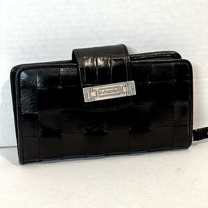 Brighton black Leather Woven Organizer Wallet Wristlet Purse 7.5x4" EUC